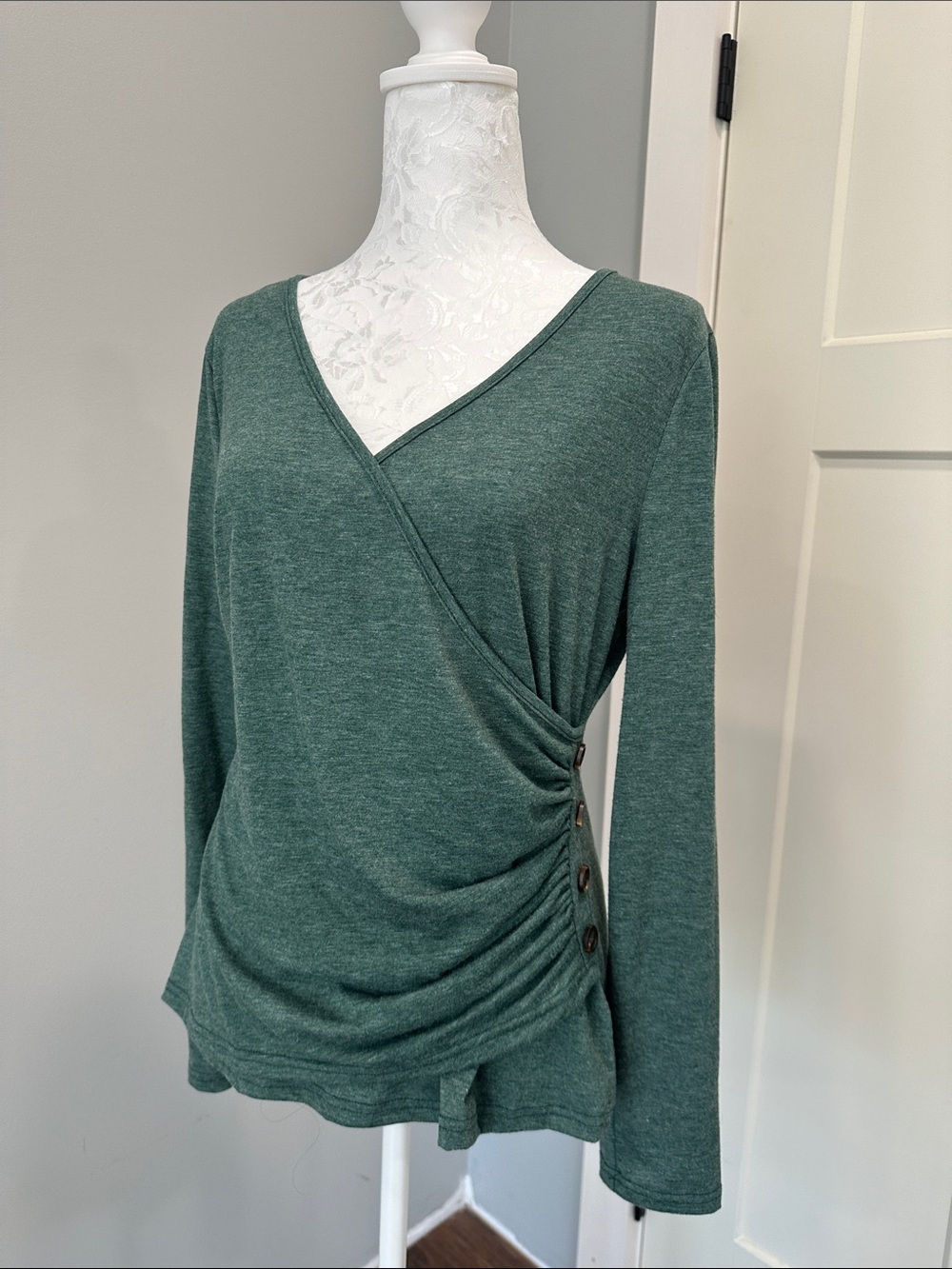 SHEIN Forest Green Wrap-Button Long Sleeve Top